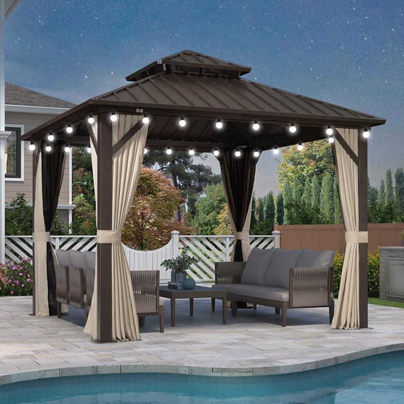 Purple Leaf Tonnelle de jardin Rigide Economique  Bronze Toit Double en Acier Pergola Aluminum Avec Moustiquaire Rideaux Guirlandes Lumineuses Lait