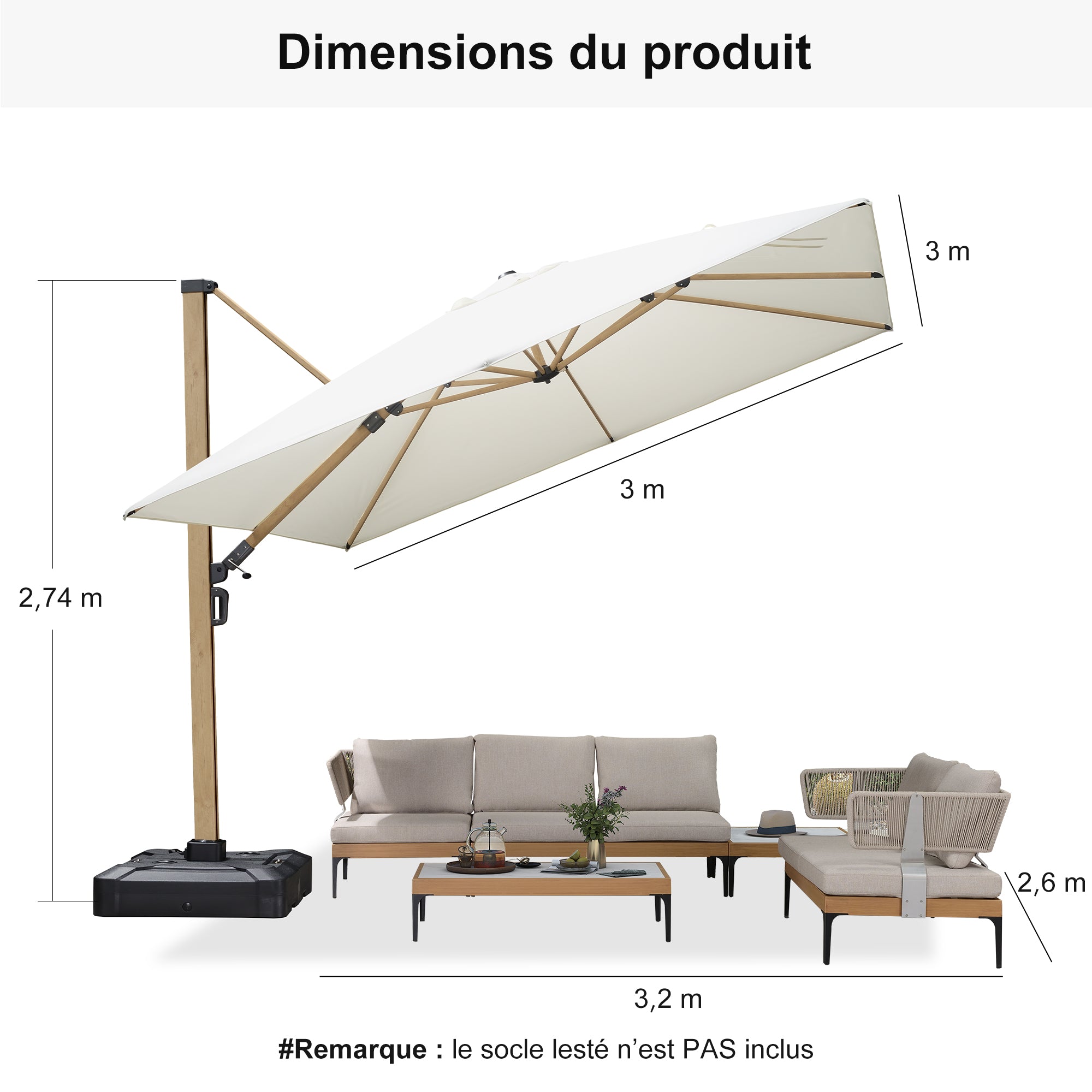 PURPLE LEAF Parasol Déporté Mégagrand à Motif Bois à Manivelle avec Mât Ultra-Renforcé Parasol d'Extérieur de Jardin Carré Rectangle