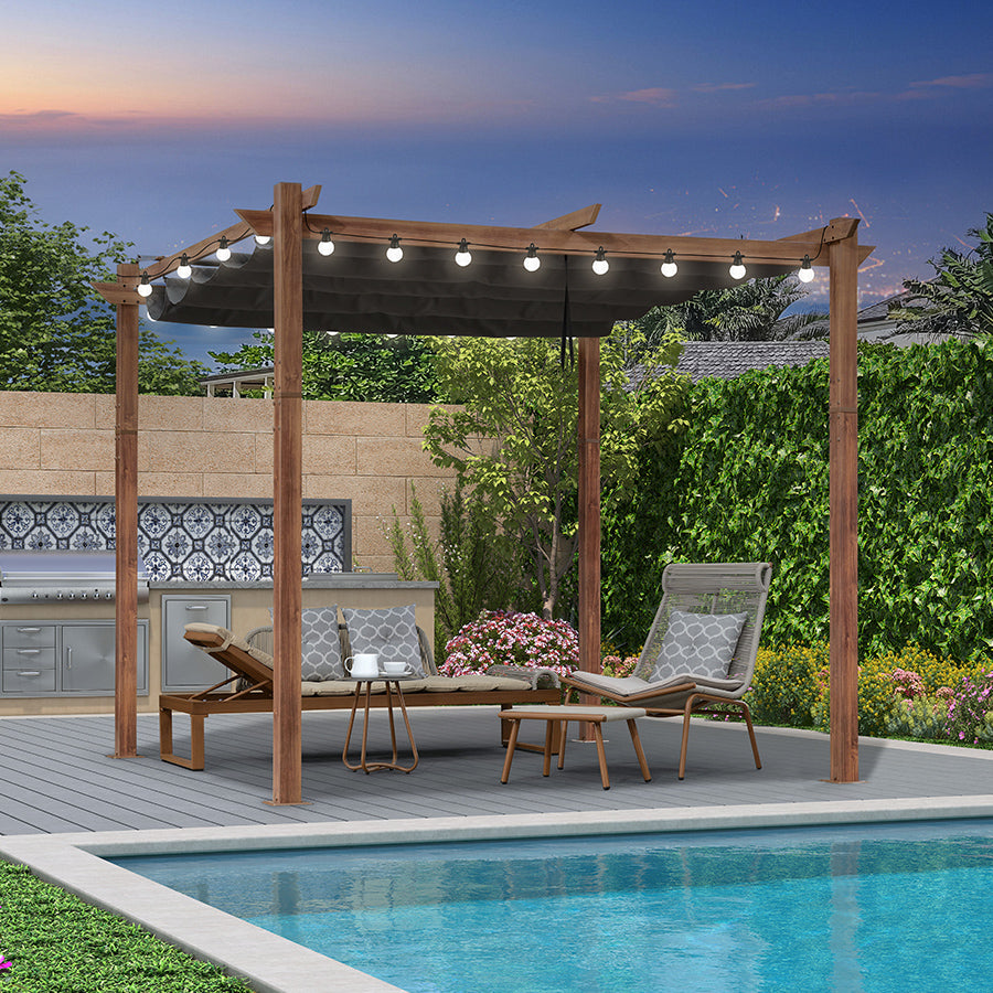 PURPLE LEAF Pergola Rétractable Extérieure Effet Bois en Métal avec Auvent Pare-Soleil pour Jardin Patio Porche Pavillon Avec Guirlande Lumineuse Blanc Lait