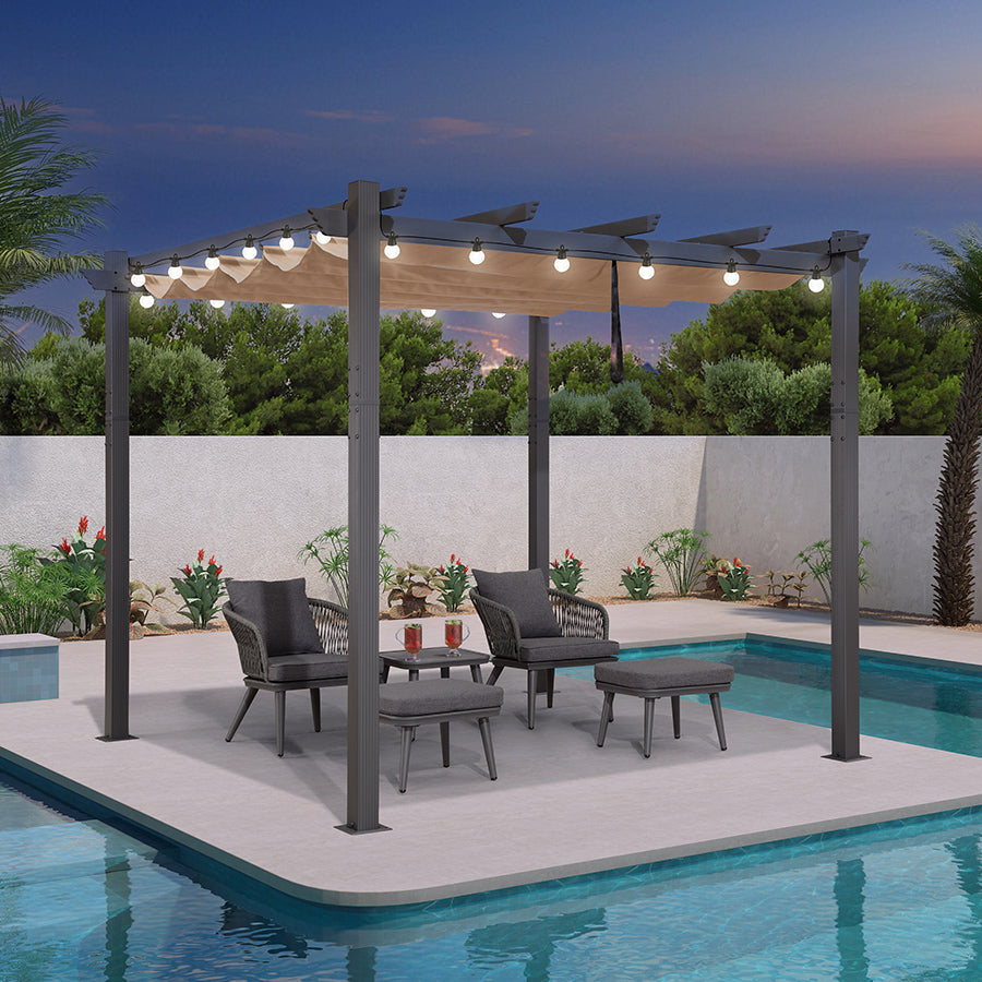 PURPLE LEAF Pergola Aluminium Tissu Teint en Fil Pergola pour Terrasse Exterieur, Toit Coulissante, Pavillon De Jardin Guirlande Lumineuse Blanc Lait