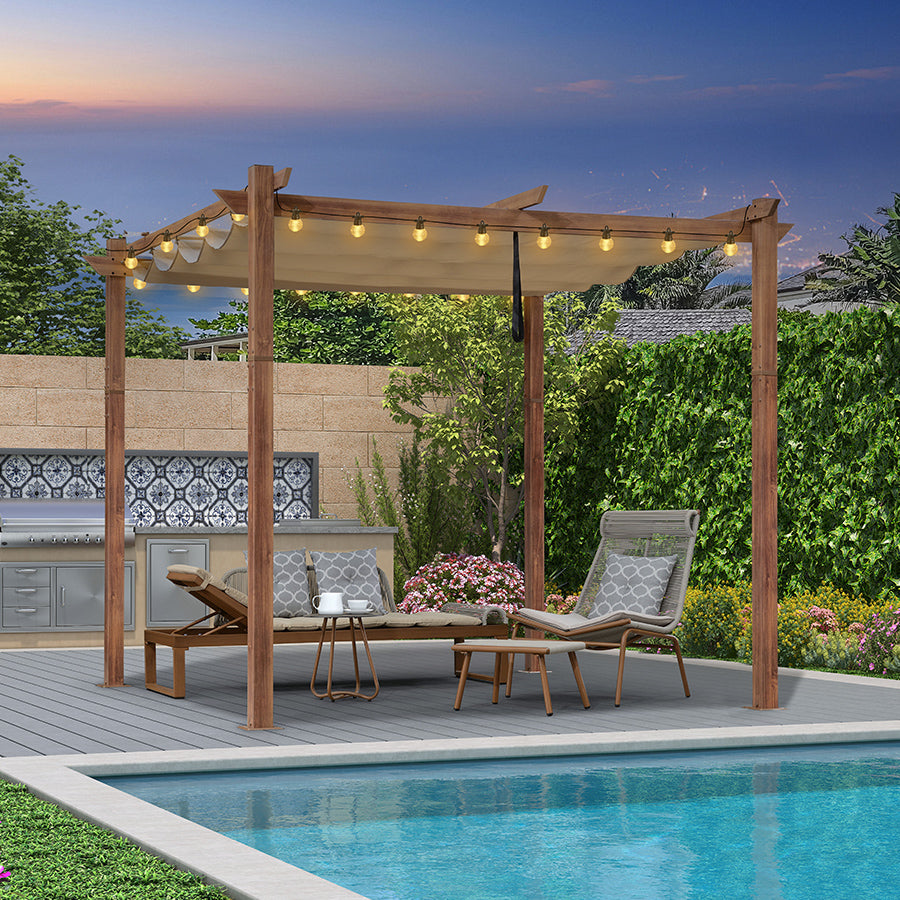 PURPLE LEAF Pergola Rétractable Extérieure Effet Bois en Métal avec Auvent Pare-Soleil pour Jardin Patio Porche Pavillon Avec Guirlandes Lumineuses Transparentes