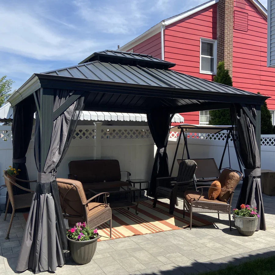 PURPLE LEAF Tonnelle De Jardin Exterieur Tonnelle Pergola Aluminum Avec Moustiquaire Et Rideaux Pavillon De Jardin à Double Toit Acier Galvanisé, Gris