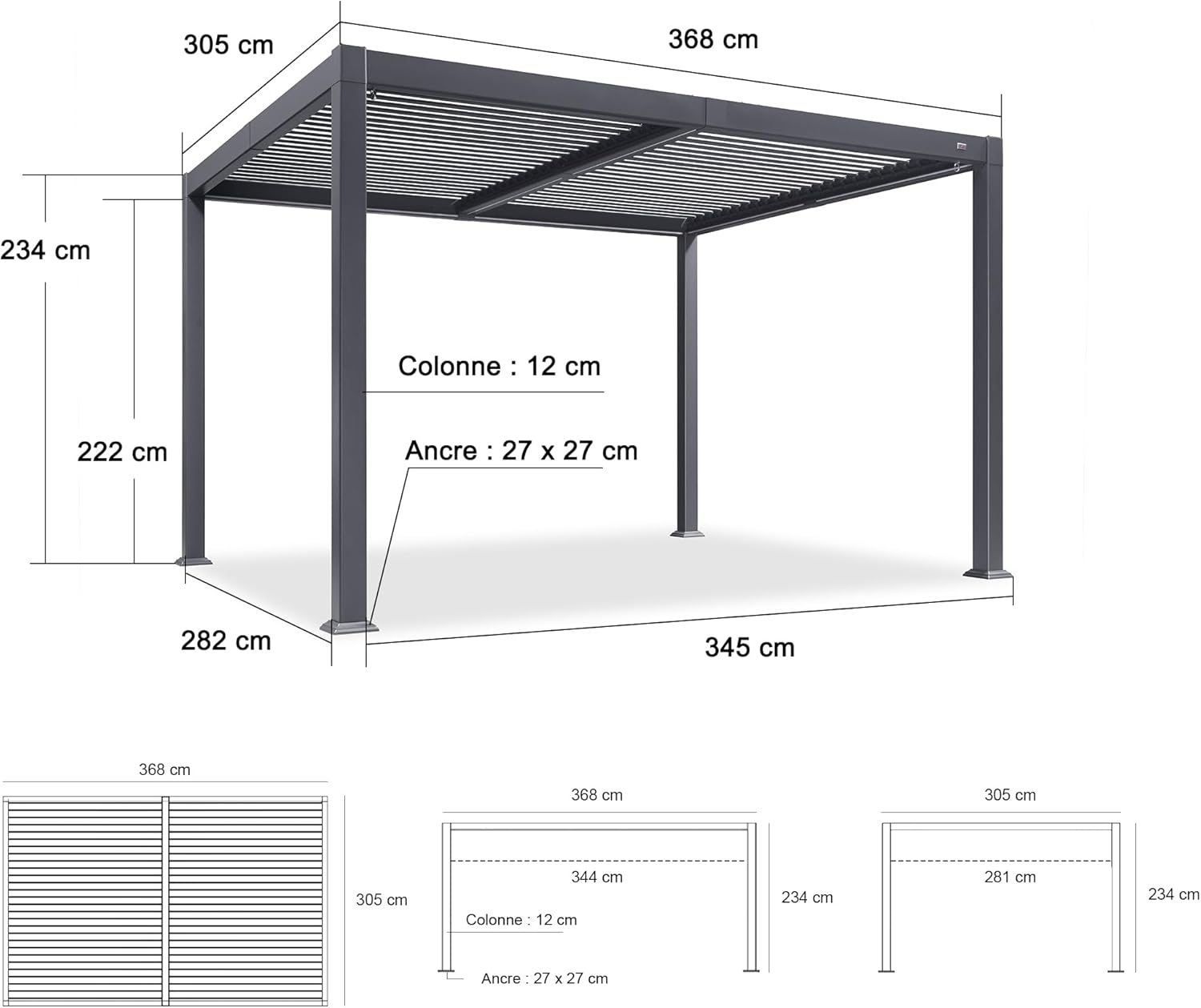 PURPLE LEAF Pergola Bioclimatique Toit à Lames avec Bande Lumineuse LED pour Terrasse Jardin, Gris
