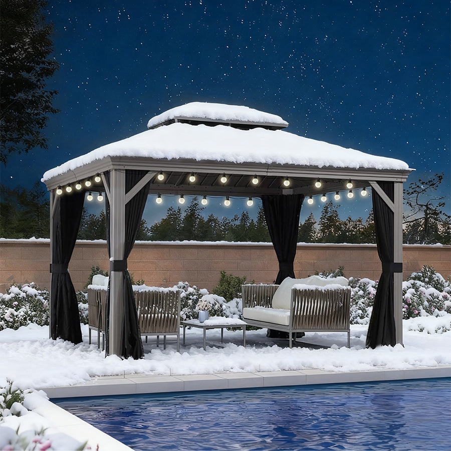 PURPLE LEAF Tonnelle de Terrasse et de Jardin, Toit Rigide en Acier Galvanisé, Conception de Gouttière avec Guirlandes Lumineuses Transparentes, Gris Clair