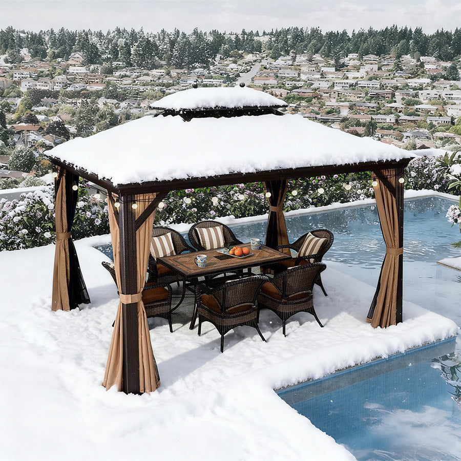 PURPLE LEAF Tonnelle de Jardin, Toit Double en Acier Galvanisé, Avec Rideaux Améliorés et Guirlandes Lumineuses Transparentes, Bronze