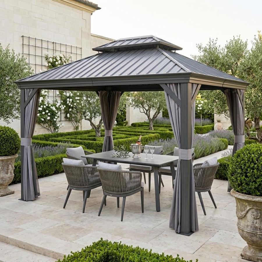 PURPLE LEAF Tonnelle de Jardin 3x4m Toit Rigide Double Gris Anthracite - Pavillon de Terrasse avec Rideaux & Moustiquaire, Anti-Vent & Pluie, Aluminium