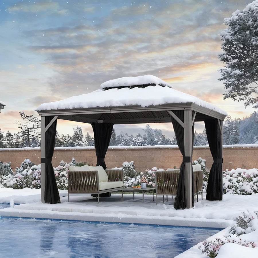 PURPLE LEAF Tonnelle de Jardin Pour Terrasse, Abris de Soleil Avec Toit Rigide en Acier Galvanisé, Equipée de Rideaux, Gris Clair