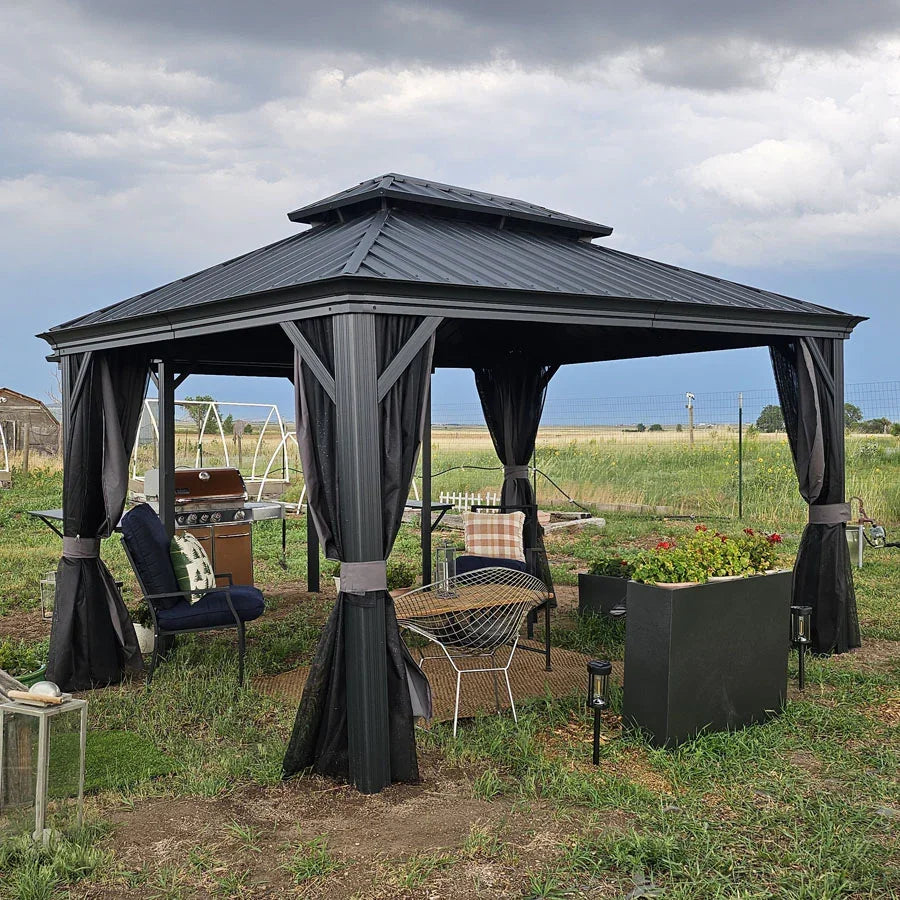PURPLE LEAF Tonnelle De Jardin Exterieur Tonnelle Pergola Aluminum Avec Moustiquaire Et Rideaux Pavillon De Jardin à Double Toit Acier Galvanisé, Gris