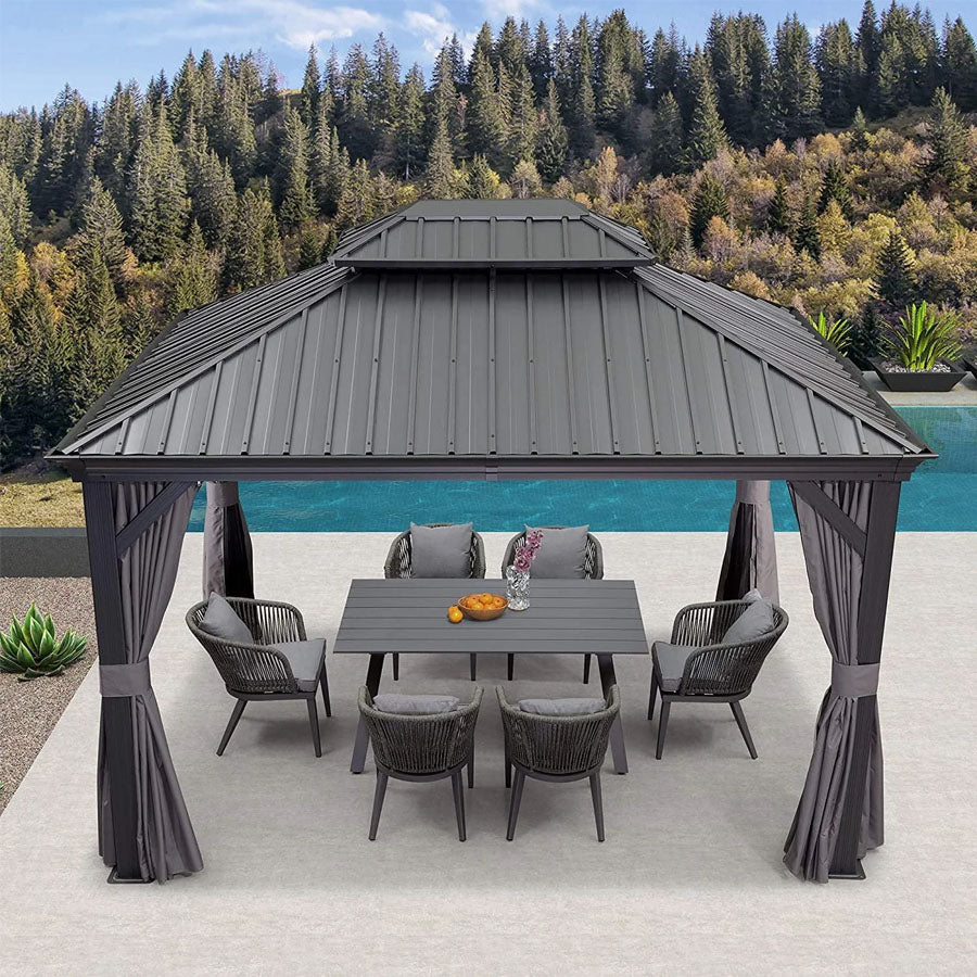 PURPLE LEAF Tonnelle De Jardin Exterieur Tonnelle Aluminum Avec Moustiquaire Et Rideaux Pavillon De Jardin à Double Toit Acier Galvanisé, Gris