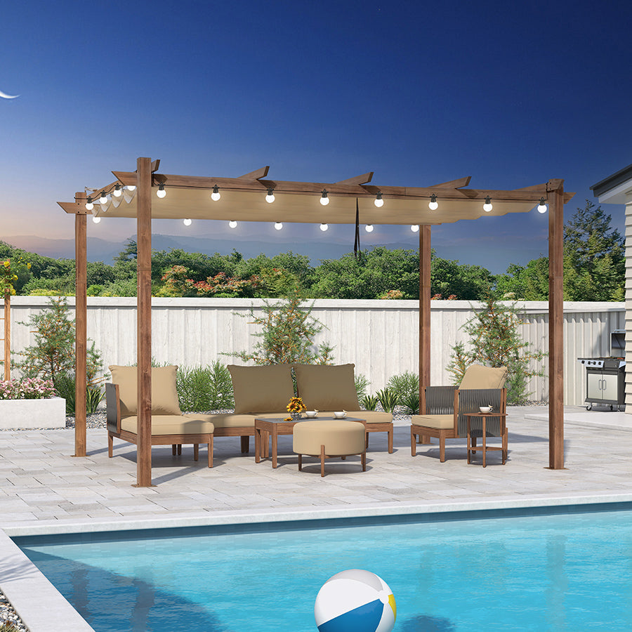 PURPLE LEAF Pergola Rétractable Extérieure Effet Bois en Métal avec Auvent Pare-Soleil pour Jardin Patio Porche Pavillon Avec Guirlande Lumineuse Blanc Lait