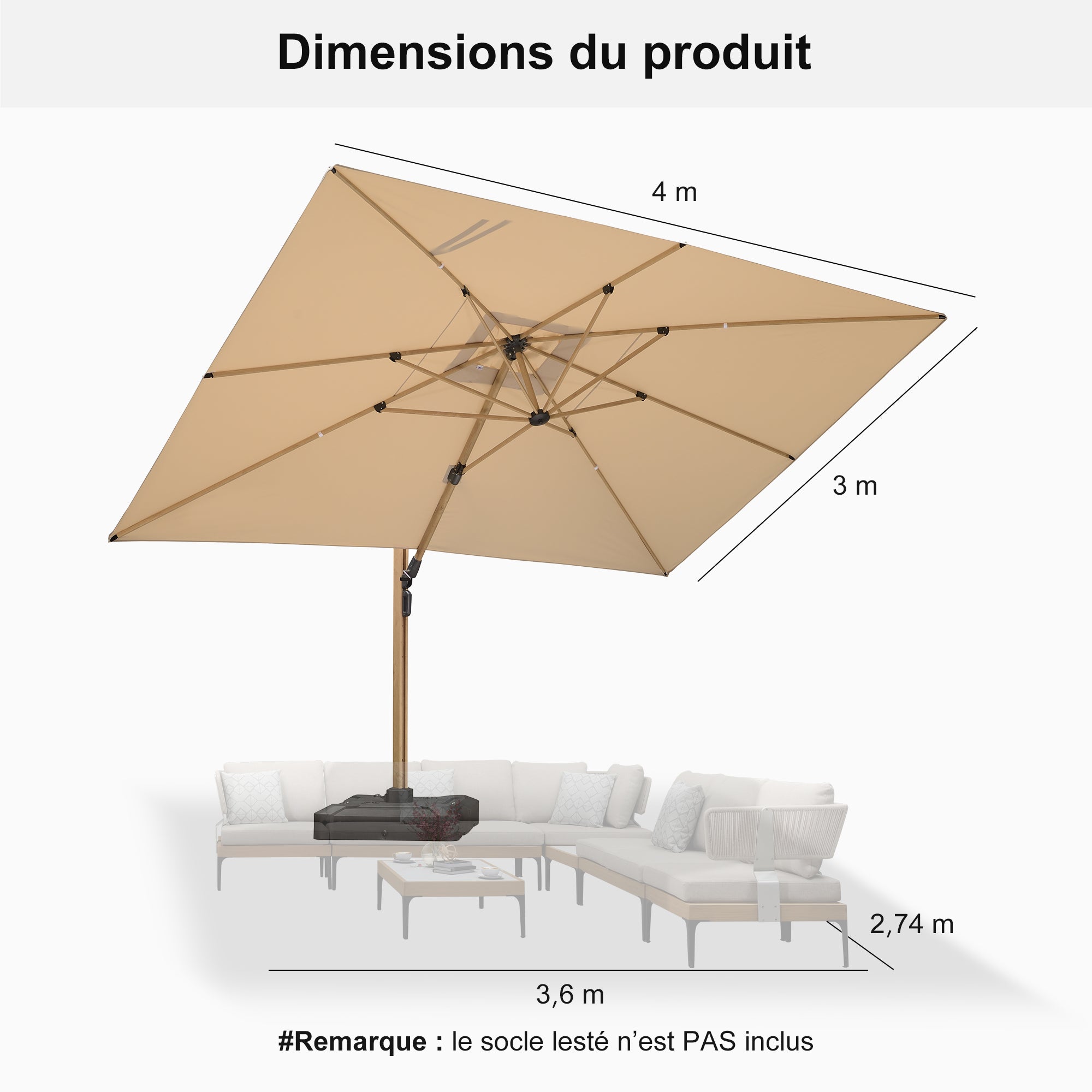 PURPLE LEAF Parasol Déporté Mégagrand à Motif Bois à Manivelle avec Mât Ultra-Renforcé Parasol d'Extérieur de Jardin Carré Rectangle