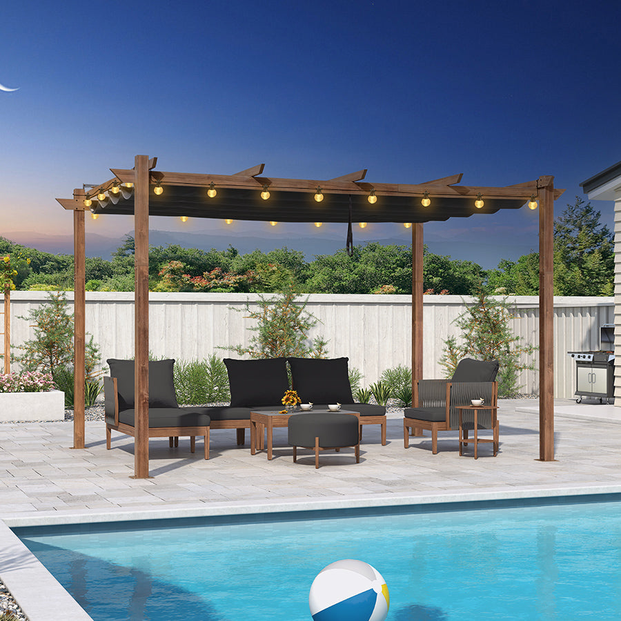 PURPLE LEAF Pergola Rétractable Extérieure Effet Bois en Métal avec Auvent Pare-Soleil pour Jardin Patio Porche Pavillon Avec Guirlandes Lumineuses Transparentes