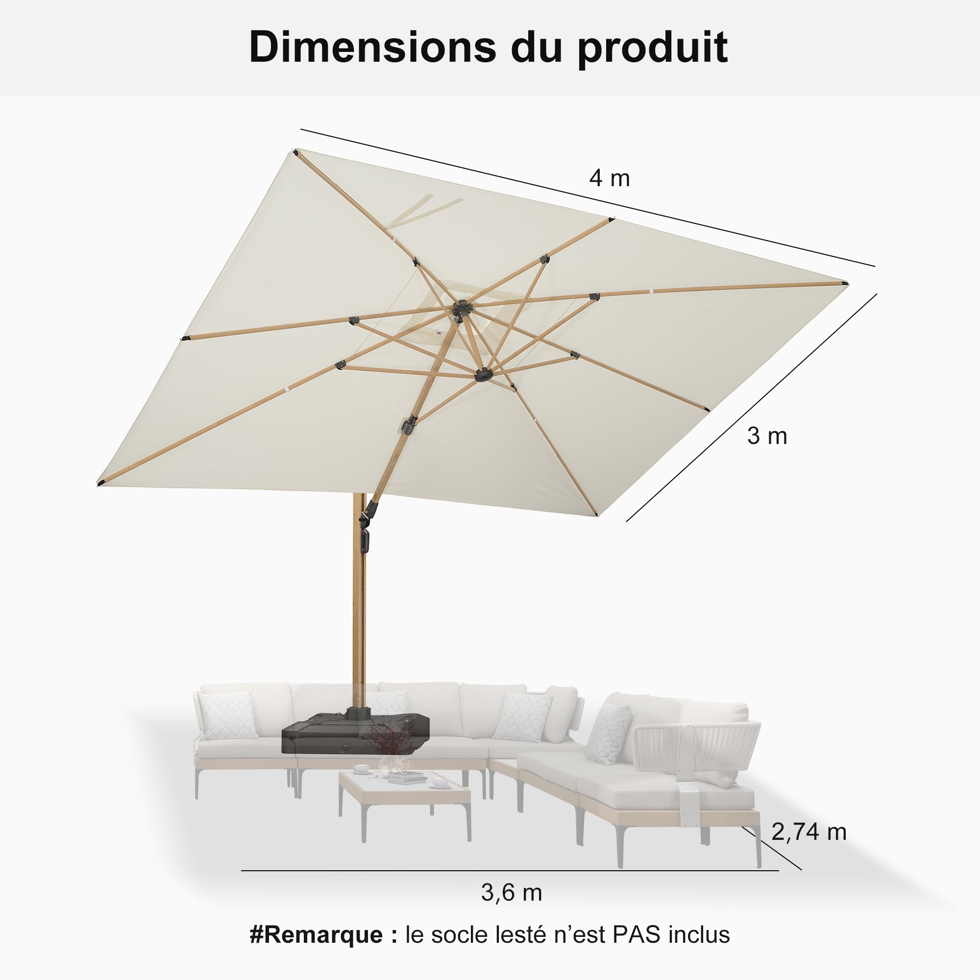 PURPLE LEAF Parasol Déporté Mégagrand à Motif Bois à Manivelle avec Mât Ultra-Renforcé Parasol d'Extérieur de Jardin Carré Rectangle