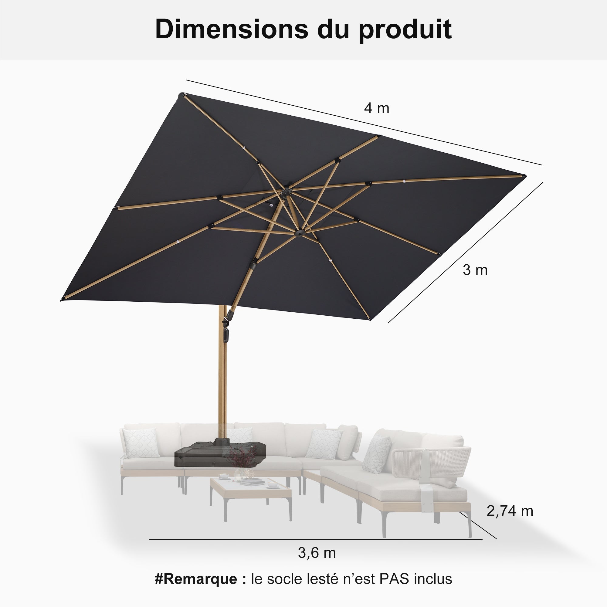 PURPLE LEAF Parasol Déporté Mégagrand à Motif Bois à Manivelle avec Mât Ultra-Renforcé Parasol d'Extérieur de Jardin Carré Rectangle