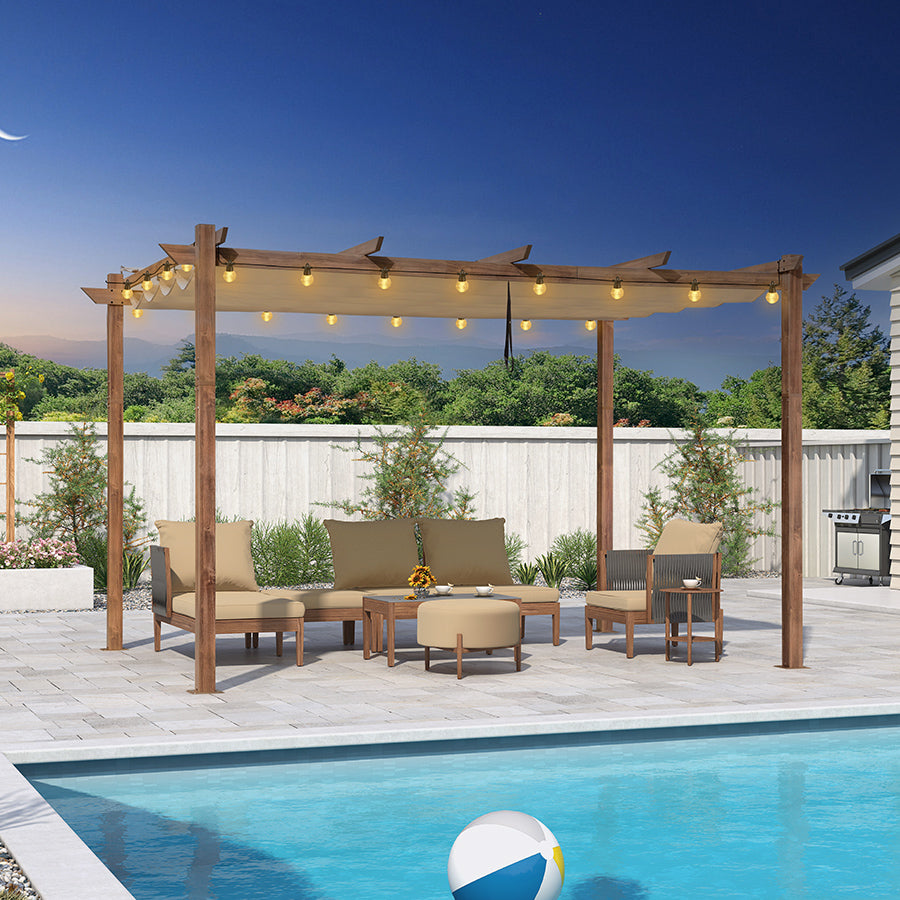PURPLE LEAF Pergola Rétractable Extérieure Effet Bois en Métal avec Auvent Pare-Soleil pour Jardin Patio Porche Pavillon Avec Guirlandes Lumineuses Transparentes