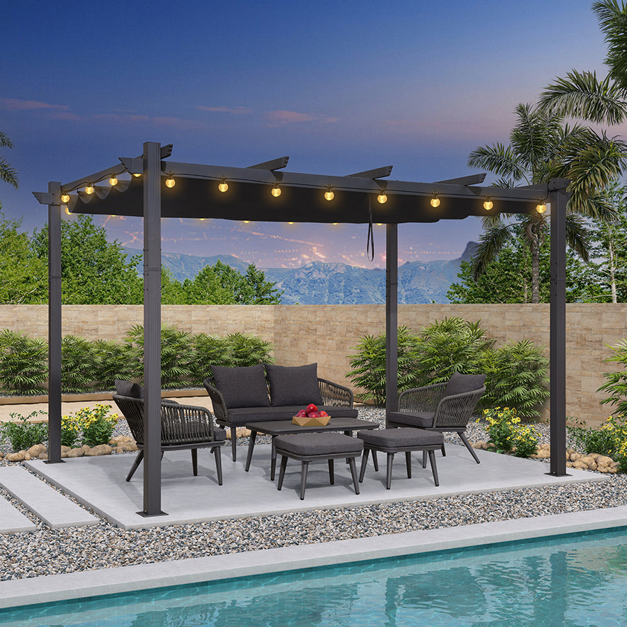 PURPLE LEAF Pergola Aluminium Tissu Teint en Fil avec Guirlande Lumineuse à Ampoules Transparentes Pergola pour Terrasse Exterieur Toit Coulissante Pavillon De Jardin