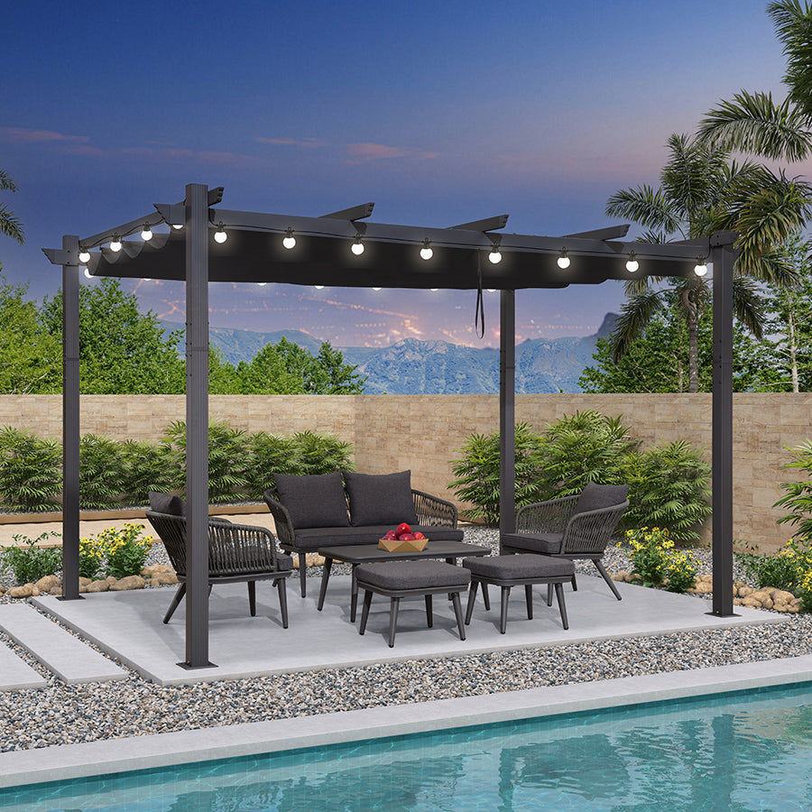 PURPLE LEAF Pergola Aluminium Tissu Teint en Fil Pergola pour Terrasse Exterieur, Toit Coulissante, Pavillon De Jardin Guirlande Lumineuse Blanc Lait
