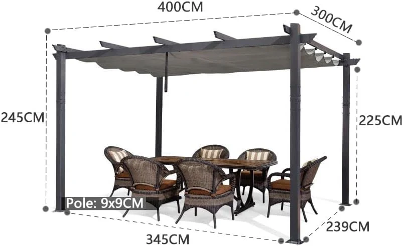PURPLE LEAF Pergola Aluminium Tissu Teint en Fil avec Guirlande Lumineuse à Ampoules Transparentes Pergola pour Terrasse Exterieur Toit Coulissante Pavillon De Jardin