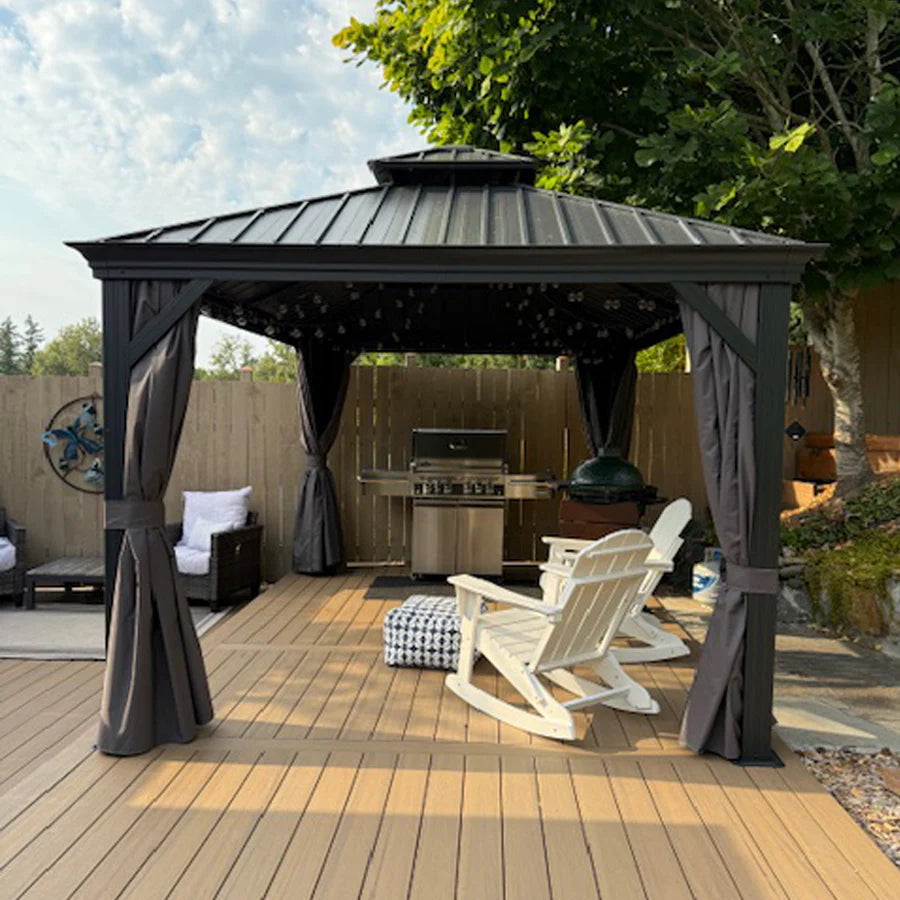 PURPLE LEAF Tonnelle De Jardin Exterieur Tonnelle Pergola Aluminum Avec Moustiquaire Et Rideaux Pavillon De Jardin à Double Toit Acier Galvanisé, Gris