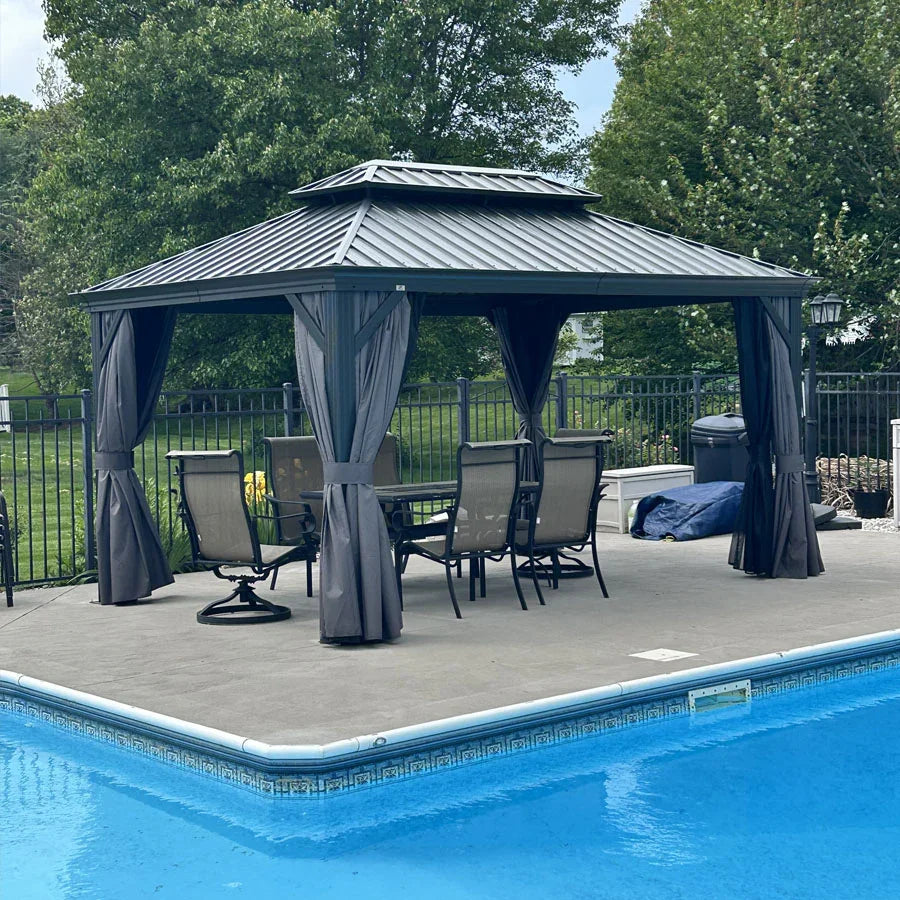 PURPLE LEAF Tonnelle De Jardin Exterieur Tonnelle Pergola Aluminum Avec Moustiquaire Et Rideaux Pavillon De Jardin à Double Toit Acier Galvanisé, Gris