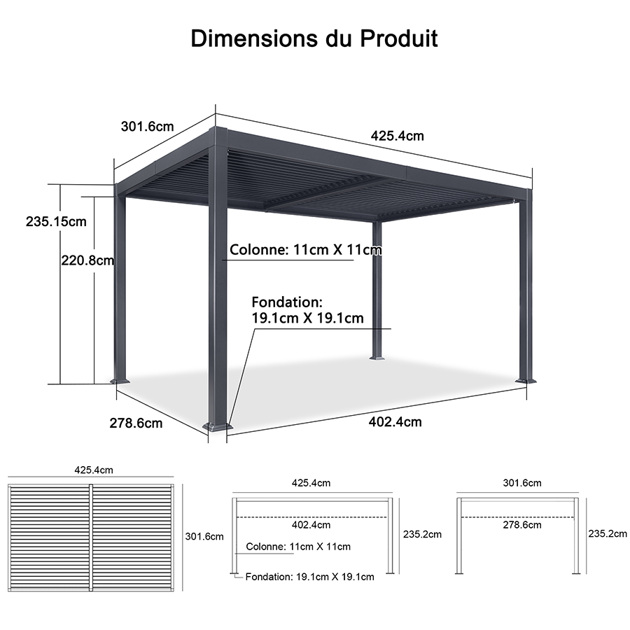 PURPLE LEAF Pergola Bioclimatique d'extérieur en aluminium à toit réglable pour terrasse et jardin grise