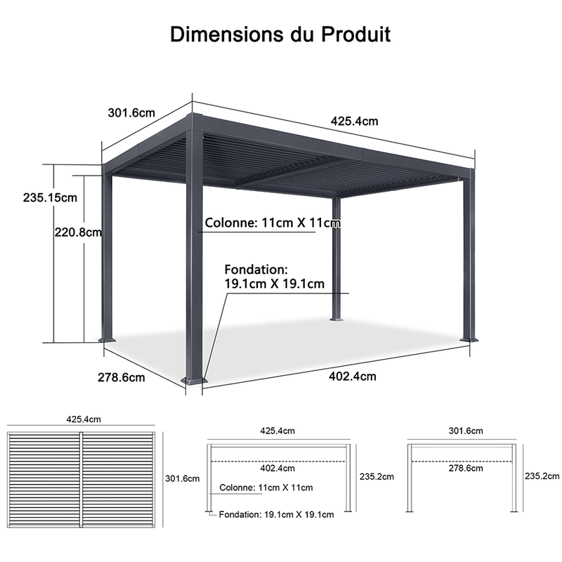 PURPLE LEAF Pergola Bioclimatique d'extérieur en aluminium à toit réglable pour terrasse et jardin grise