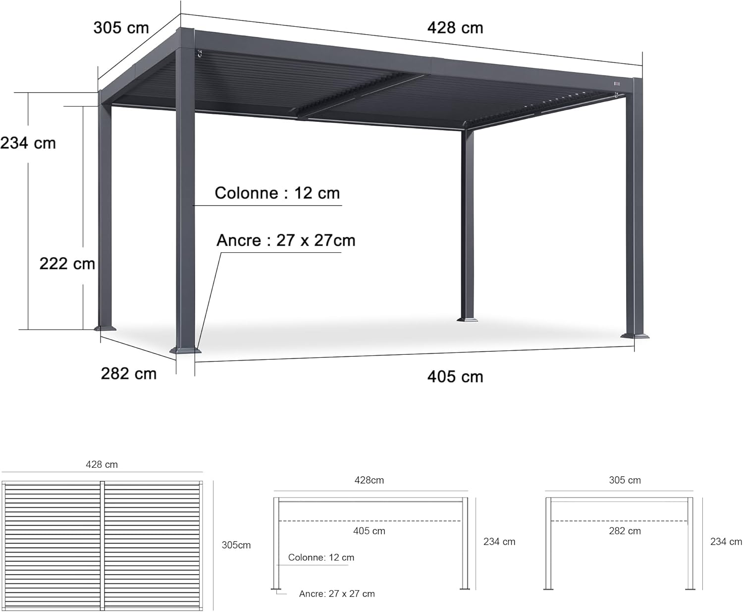 PURPLE LEAF Pergola Bioclimatique Toit à Lames avec Bande Lumineuse LED pour Terrasse Jardin, Gris