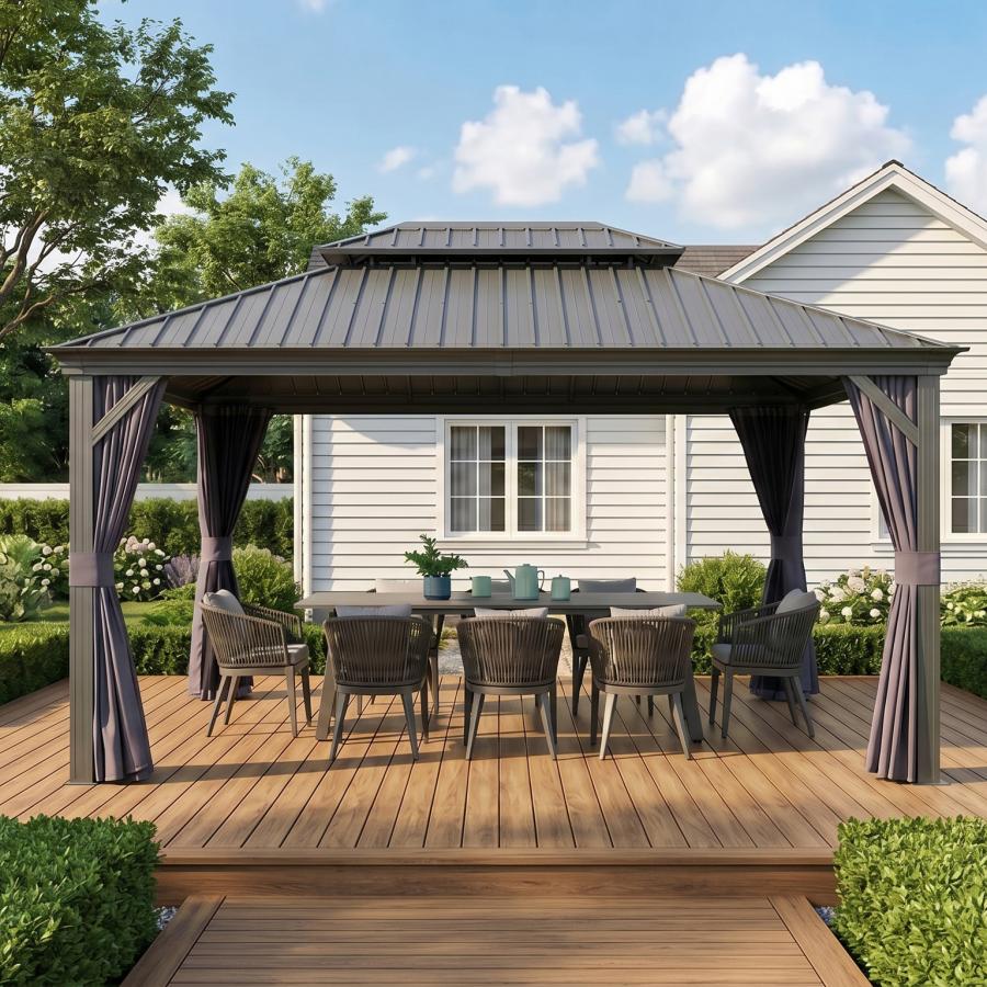 PURPLE LEAF Tonnelle de Jardin 3x4m Toit Rigide Double Gris Anthracite - Pavillon de Terrasse avec Rideaux & Moustiquaire, Anti-Vent & Pluie, Aluminium