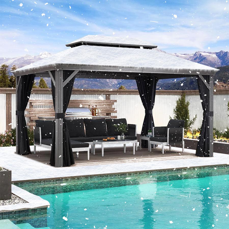 PURPLE LEAF Tonnelle de Jardin Pour Terrasse, Abris de Soleil Avec Toit Rigide en Acier Galvanisé, Equipée de Rideaux, Gris Clair