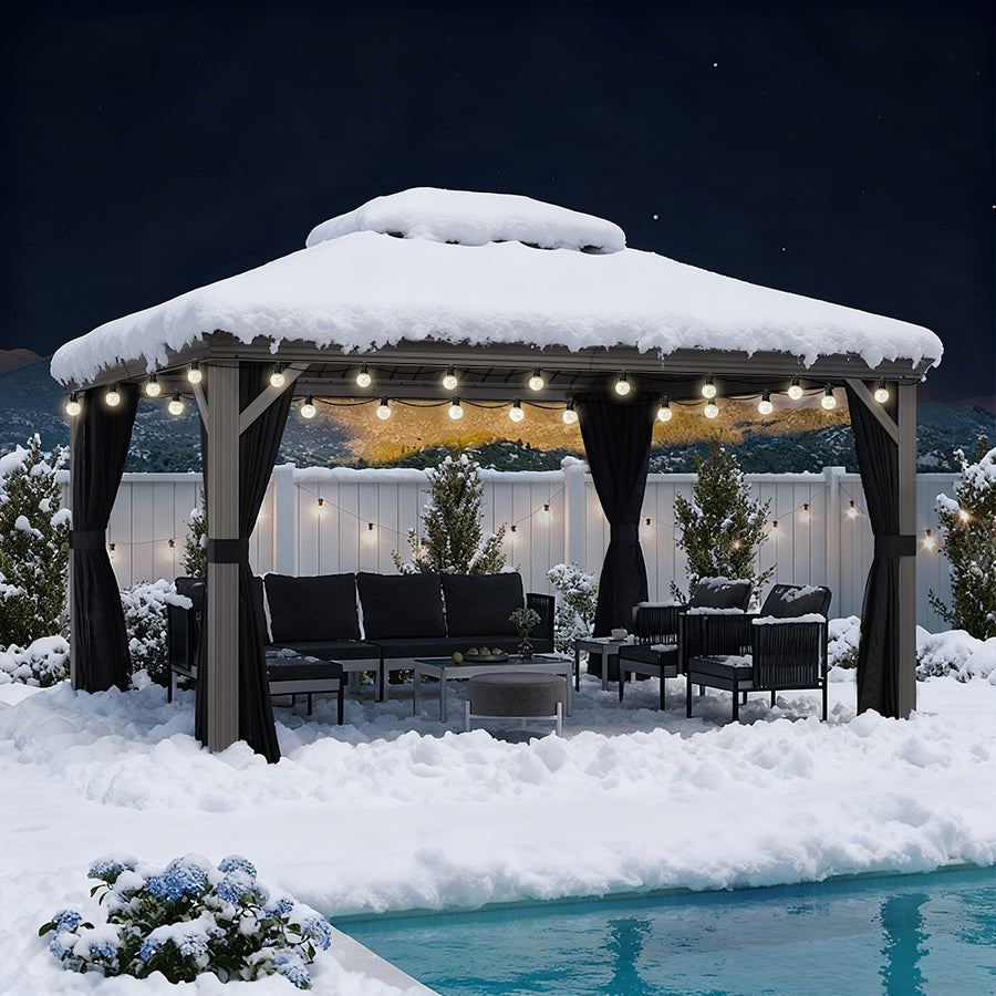 PURPLE LEAF Tonnelle de Terrasse et de Jardin, Toit Rigide en Acier Galvanisé, Conception de Gouttière avec Guirlandes Lumineuses Transparentes, Gris Clair