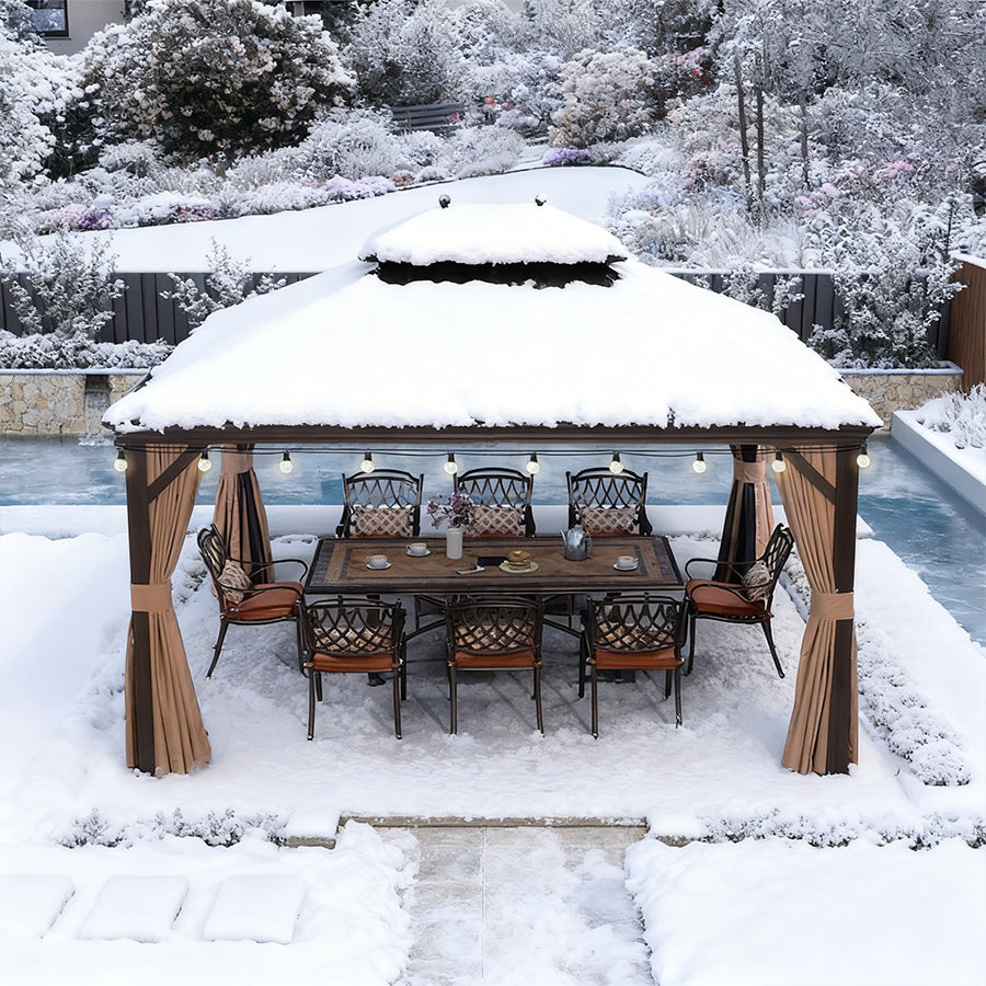 PURPLE LEAF Tonnelle de Jardin, Toit Double en Acier Galvanisé, Avec Rideaux Améliorés et Guirlandes Lumineuses Transparentes, Bronze