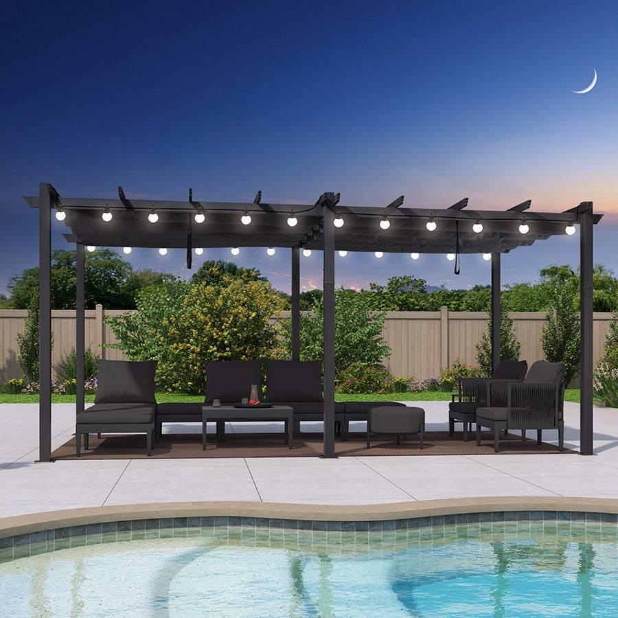 PURPLE LEAF Pergola Aluminium Tissu Teint en Fil Pergola pour Terrasse Exterieur, Toit Coulissante, Pavillon De Jardin Guirlande Lumineuse Blanc Lait