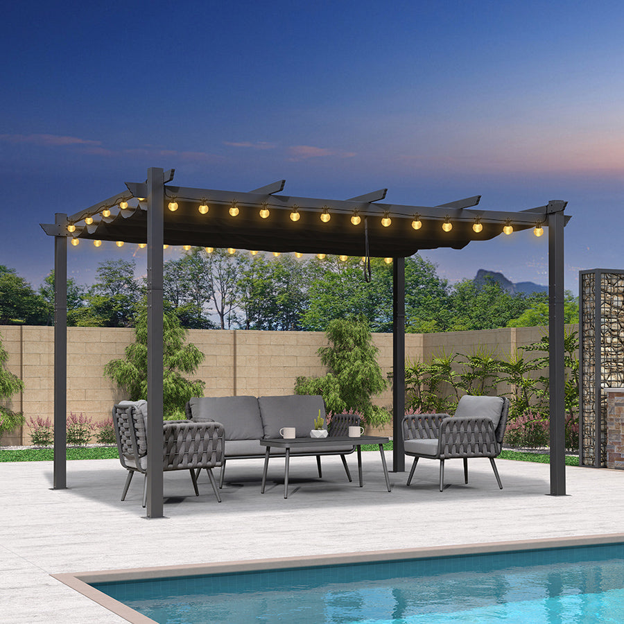 PURPLE LEAF Pergola Aluminium Tissu Teint en Fil avec Guirlande Lumineuse à Ampoules Transparentes Pergola pour Terrasse Exterieur Toit Coulissante Pavillon De Jardin