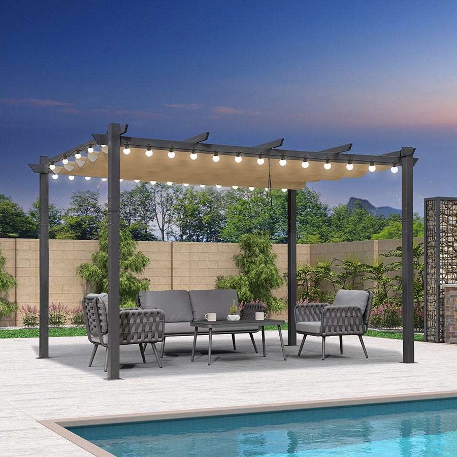 PURPLE LEAF Pergola Aluminium Tissu Teint en Fil Pergola pour Terrasse Exterieur, Toit Coulissante, Pavillon De Jardin Guirlande Lumineuse Blanc Lait