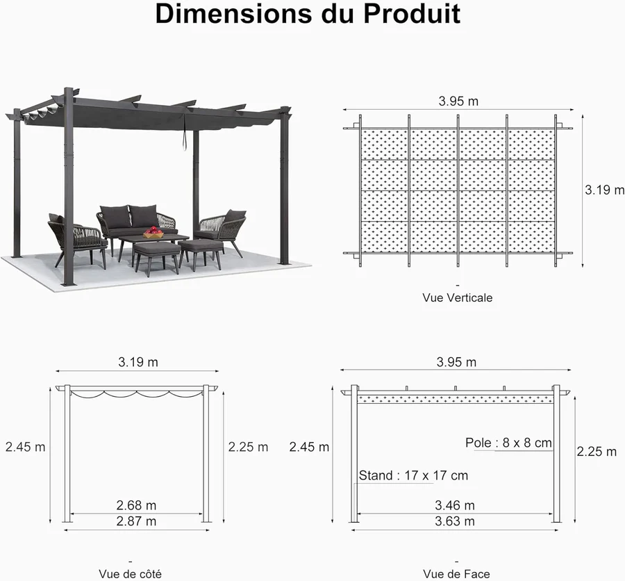 PURPLE LEAF Pergola Aluminium Tissu Teint en Fil avec Guirlande Lumineuse à Ampoules Transparentes Pergola pour Terrasse Exterieur Toit Coulissante Pavillon De Jardin