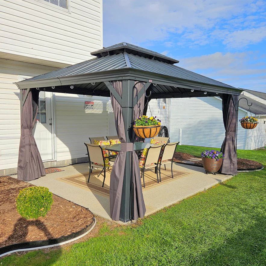 PURPLE LEAF Tonnelle De Jardin Exterieur Tonnelle Aluminum Avec Moustiquaire Et Rideaux Pavillon De Jardin à Double Toit Acier Galvanisé, Gris