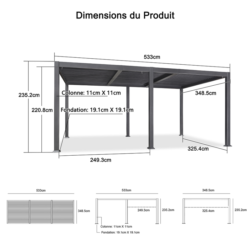 PURPLE LEAF Pergola Bioclimatique d'extérieur en aluminium à toit réglable pour terrasse et jardin grise