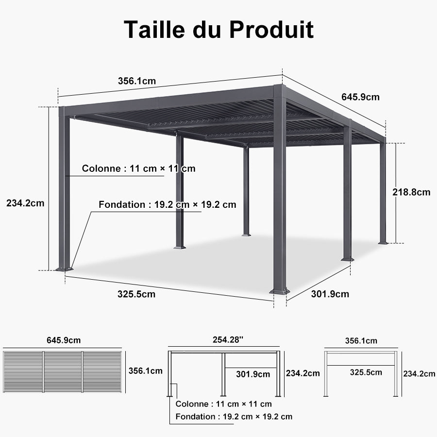 PURPLE LEAF Pergola Bioclimatique d'extérieur en aluminium à toit réglable pour terrasse et jardin grise