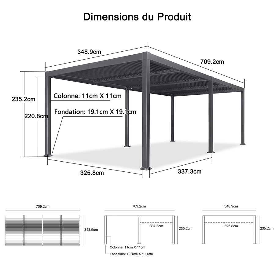PURPLE LEAF Pergola Bioclimatique d'extérieur en aluminium à toit réglable pour terrasse et jardin grise