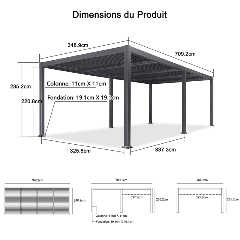 PURPLE LEAF Pergola Bioclimatique d'extérieur en aluminium à toit réglable pour terrasse et jardin grise
