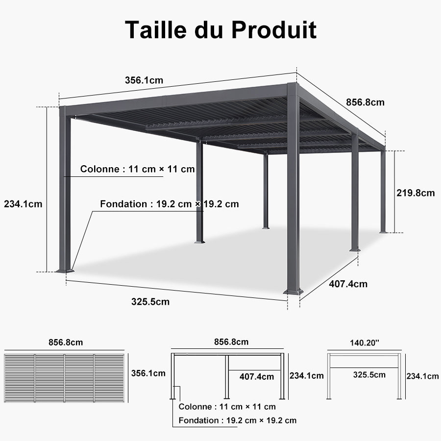 PURPLE LEAF Pergola Bioclimatique d'extérieur en aluminium à toit réglable pour terrasse et jardin grise