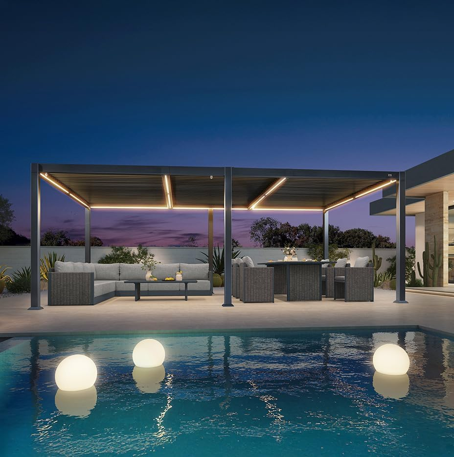 PURPLE LEAF Pergola Bioclimatique Toit à Lames avec Bande Lumineuse LED pour Terrasse Jardin, Gris