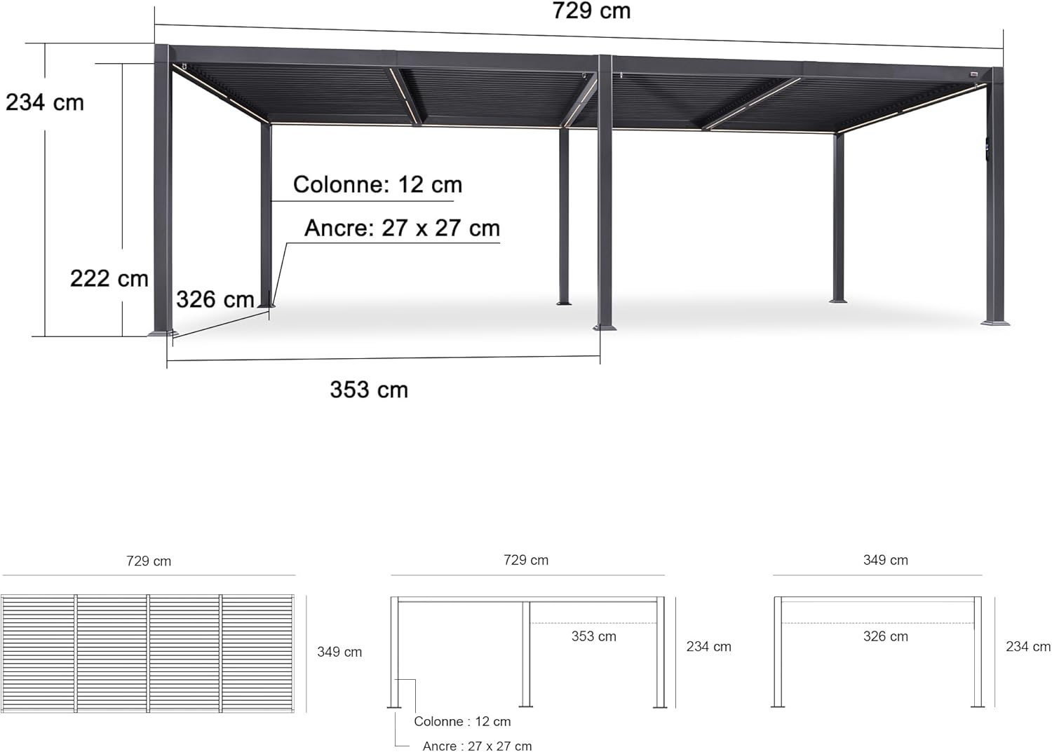 PURPLE LEAF Pergola Bioclimatique Toit à Lames avec Bande Lumineuse LED pour Terrasse Jardin, Gris