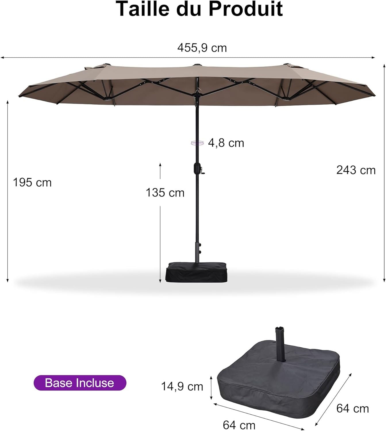 PURPLE LEAF Parasol de Jardin Extérieur, Grand Parasol Double avec Base, pour Terrasse, Jardin, Balcon et Piscine