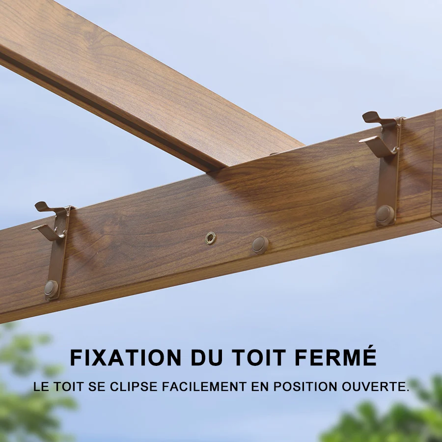 PURPLE LEAF Pergola Rétractable Extérieure Effet Bois en Métal avec Auvent Pare-Soleil pour Jardin Patio Porche Pavillon Avec Guirlandes Lumineuses Transparentes