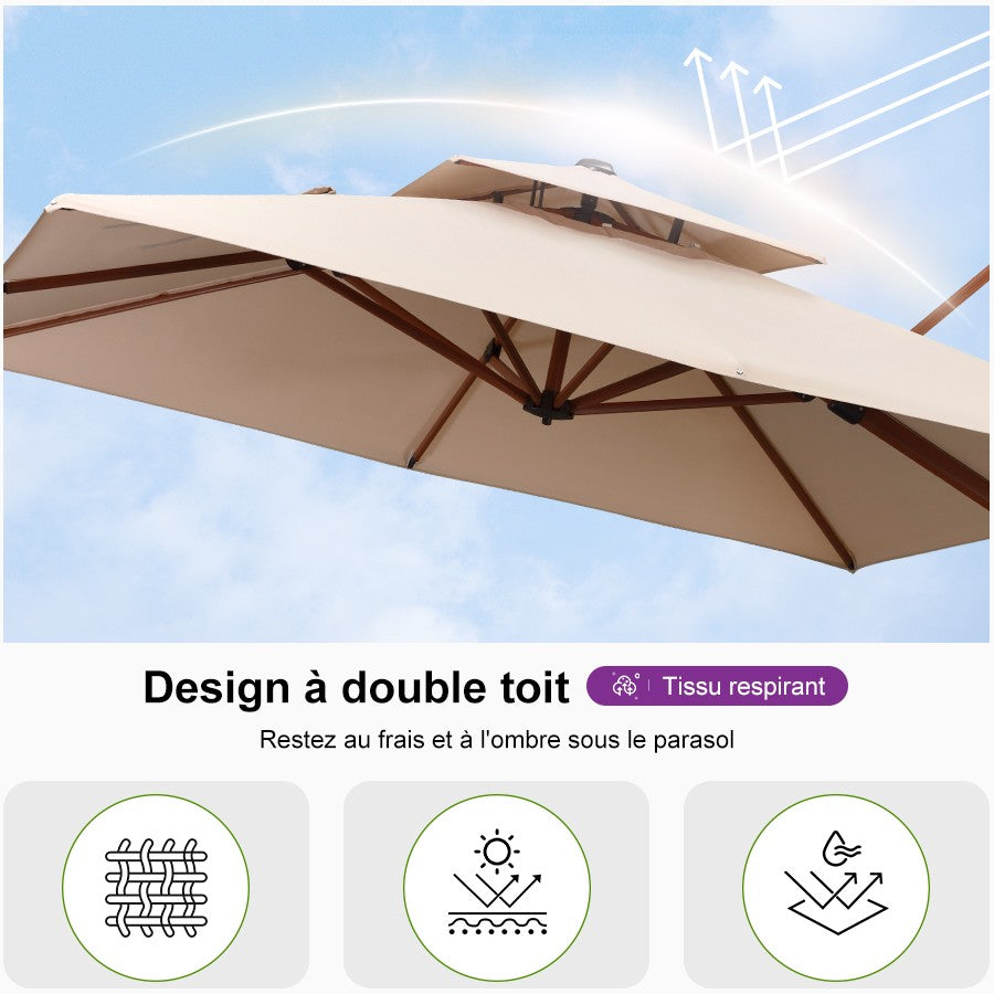 PURPLE LEAF Parasol Rectangulaire Grain de Bois en Aluminium Parasol De Jardin Extérieur Toit à Double Rotatif 360°