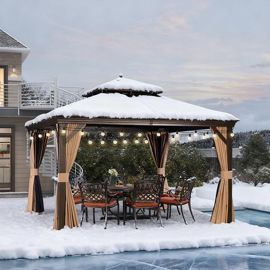PURPLE LEAF Tonnelle de Jardin, Toit Double en Acier Galvanisé, Avec Rideaux Améliorés et Guirlandes Lumineuses Transparentes, Bronze