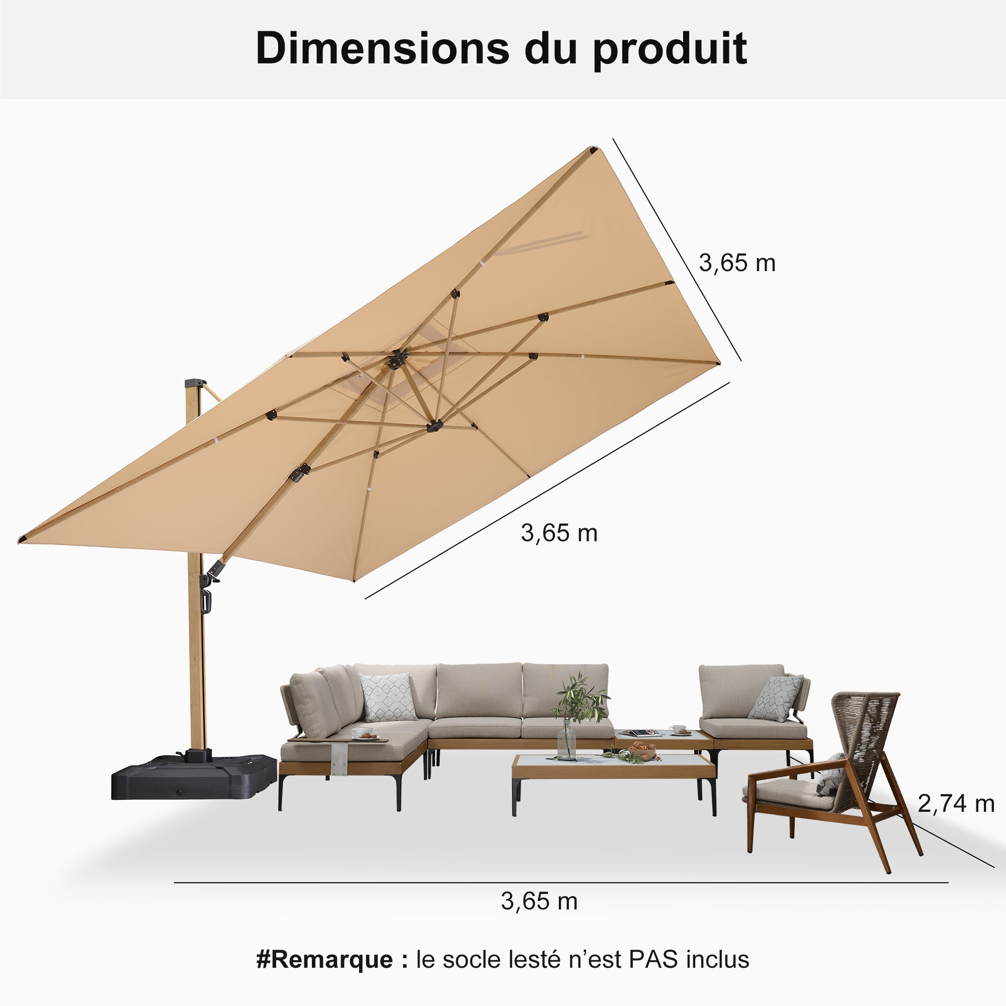 PURPLE LEAF Parasol Déporté Mégagrand à Motif Bois à Manivelle avec Mât Ultra-Renforcé Parasol d'Extérieur de Jardin Carré Rectangle