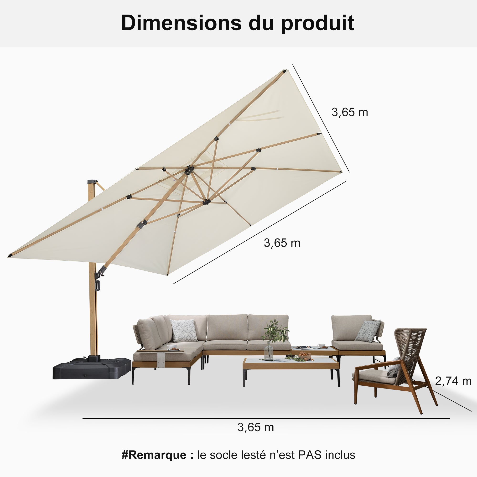 PURPLE LEAF Parasol Déporté Mégagrand à Motif Bois à Manivelle avec Mât Ultra-Renforcé Parasol d'Extérieur de Jardin Carré Rectangle
