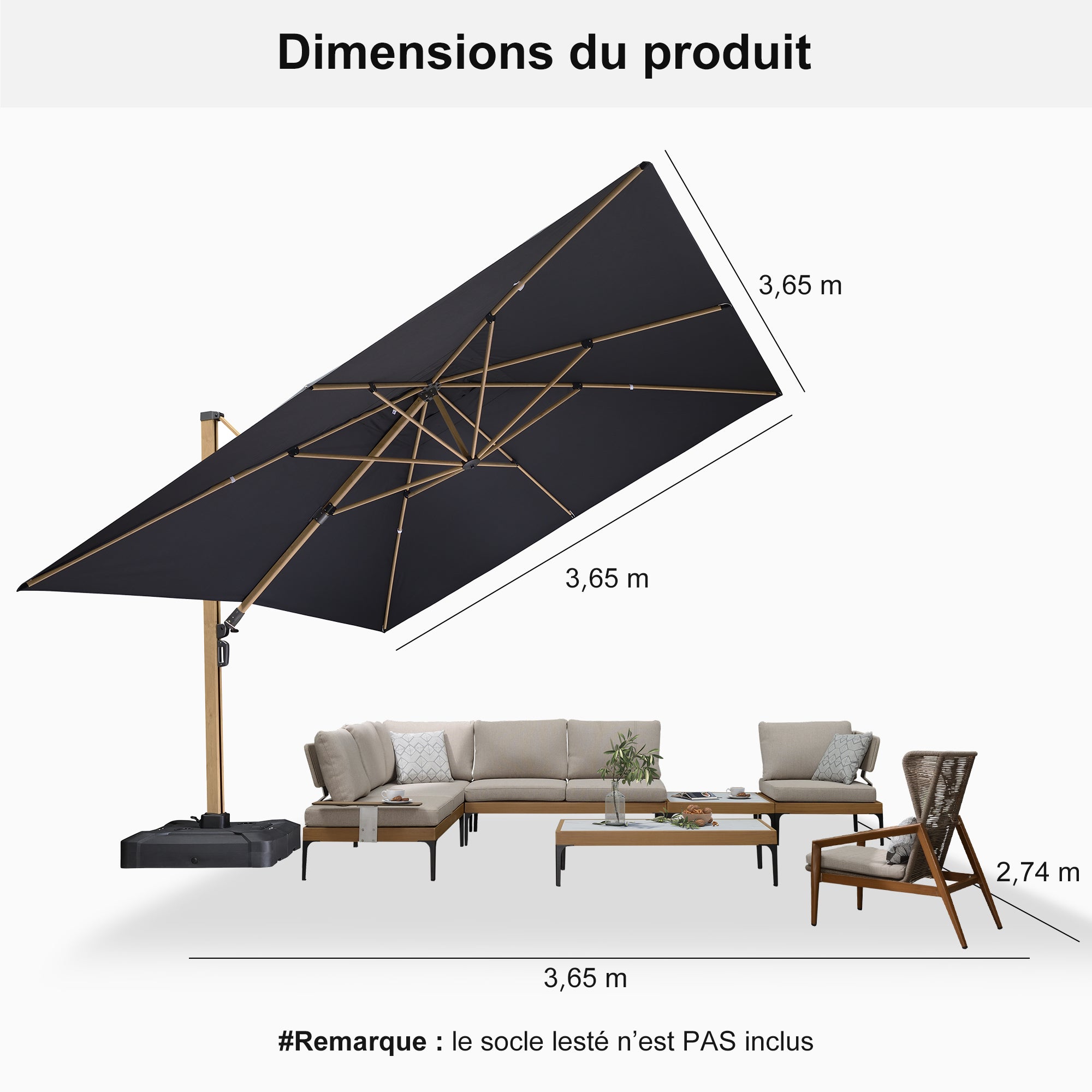 PURPLE LEAF Parasol Déporté Mégagrand à Motif Bois à Manivelle avec Mât Ultra-Renforcé Parasol d'Extérieur de Jardin Carré Rectangle